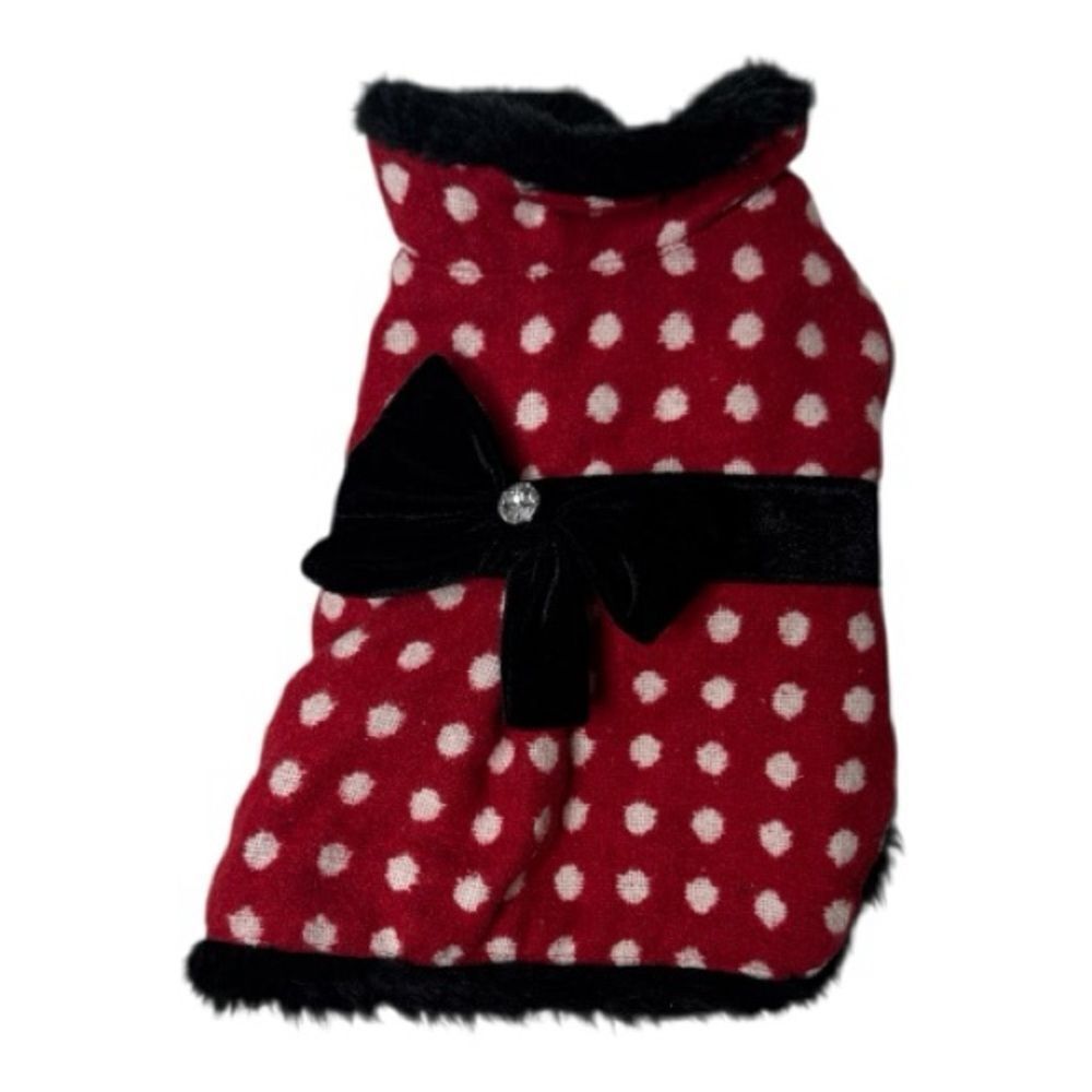 Pooch a Lini Red Polka Dot Dog Jacket with Black Bow. Size Small.